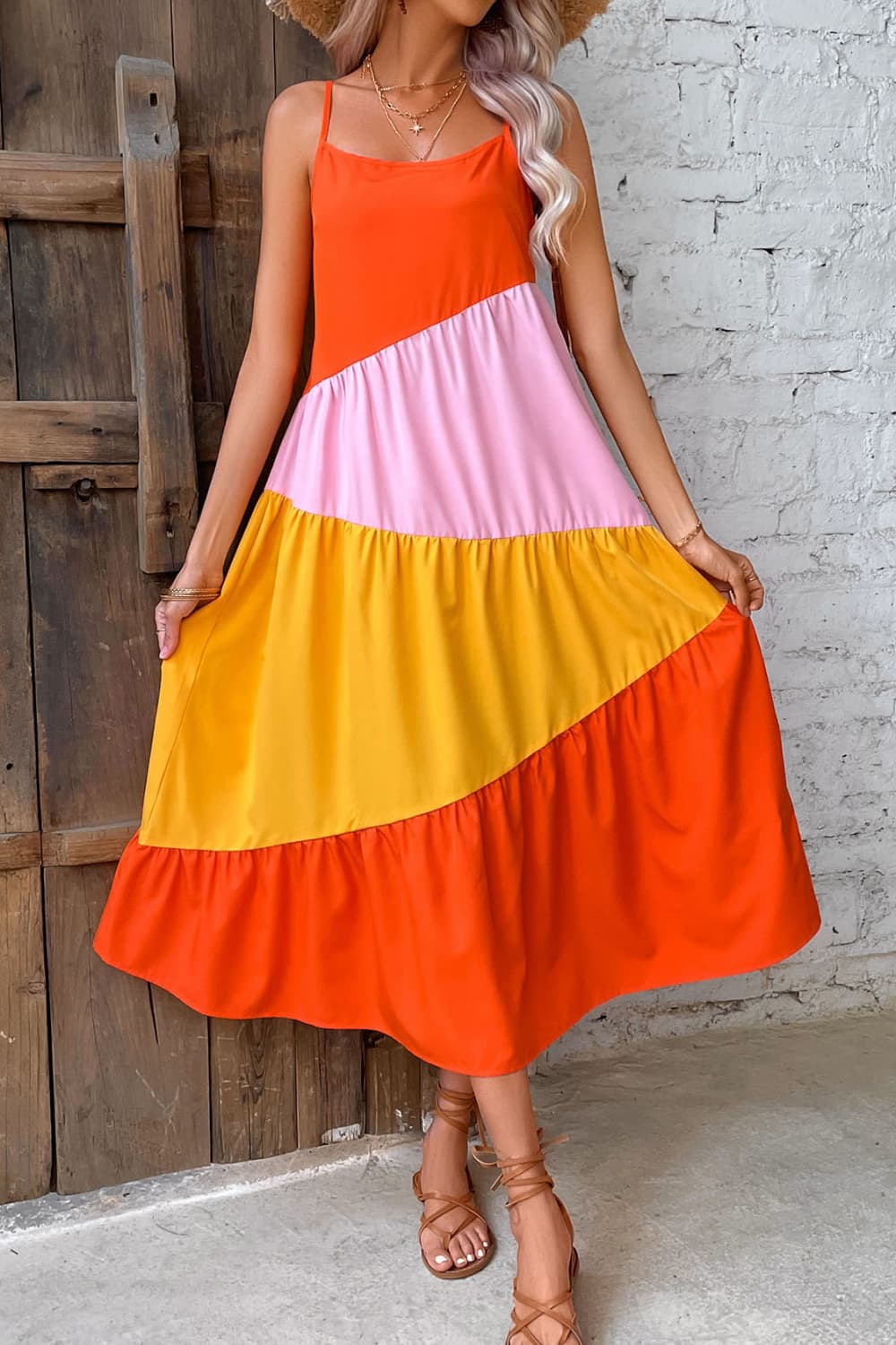 Midi Dress Color Block Spaghetti Multicolor