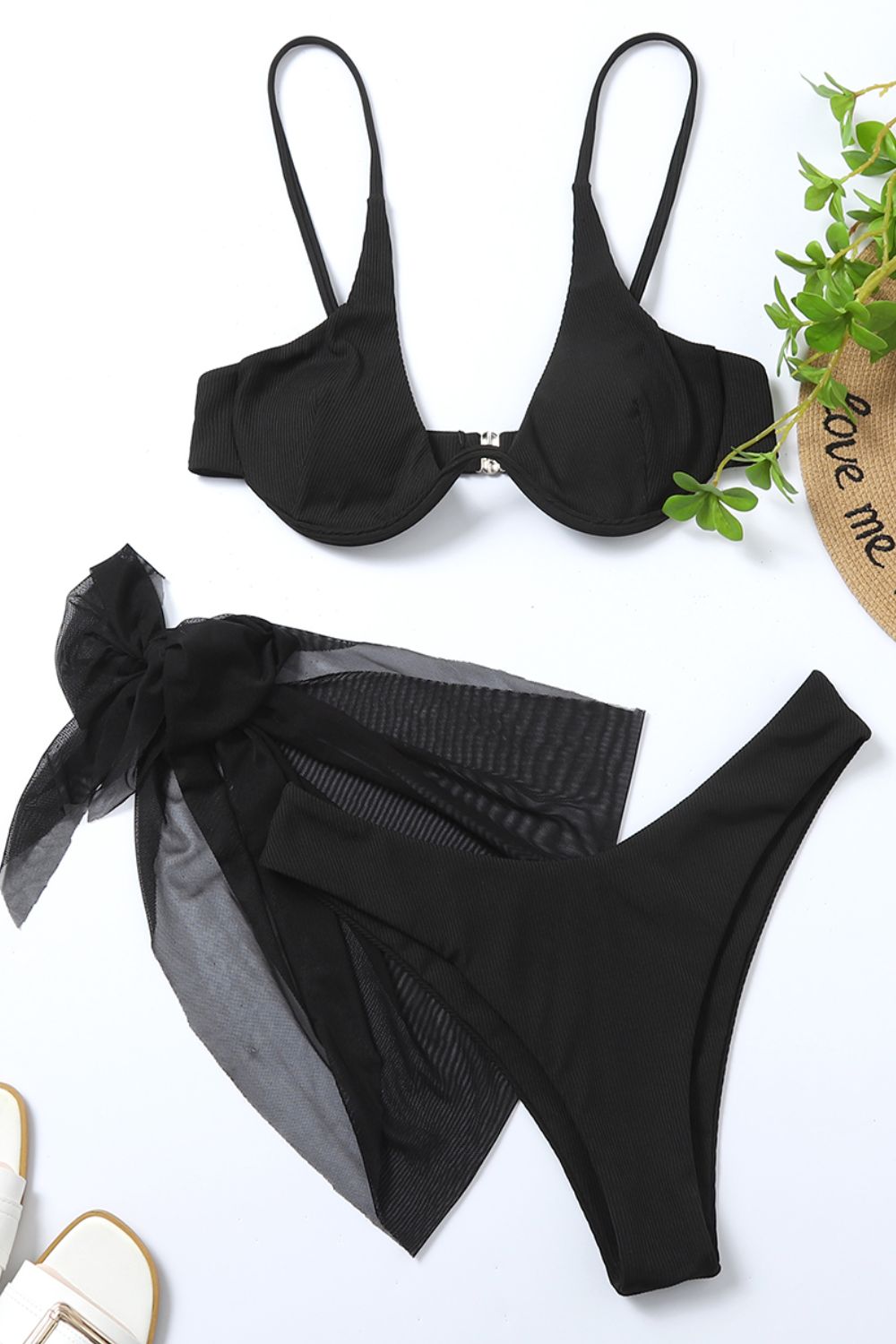 Black Swim Set- Ribbed High Cut -Three-Piece