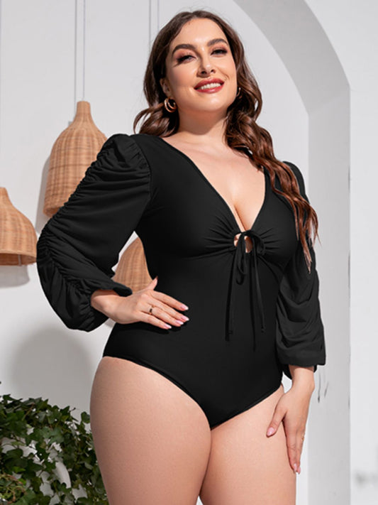 Black One-Piece Swimsuit Plus Size Tied Deep