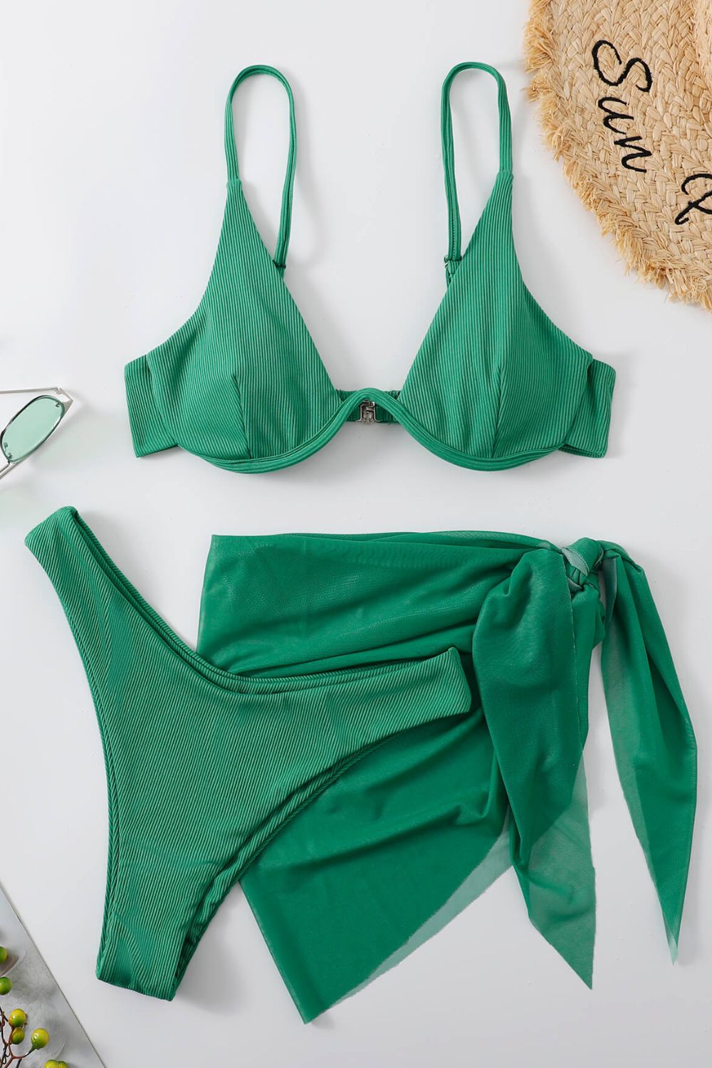Black Swim Set- Ribbed High Cut -Three-Piece
