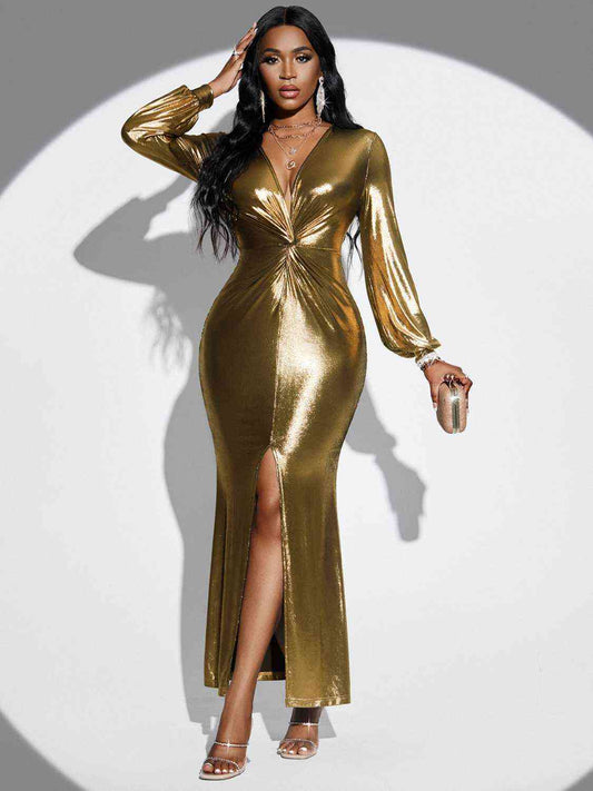 70 Plunge Twisted Slit Midi Dress