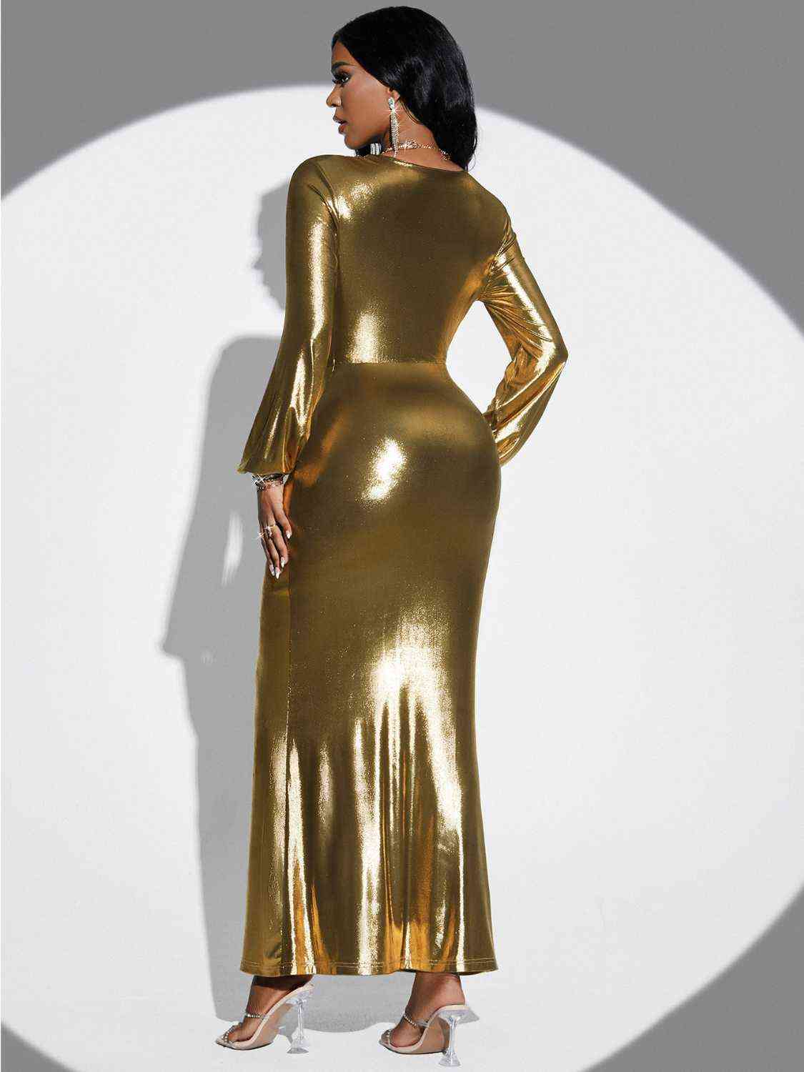 70 Plunge Twisted Slit Midi Dress